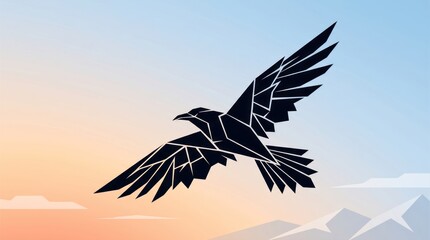 Fototapeta premium Geometric raven silhouette soaring against sky with mountains and clouds