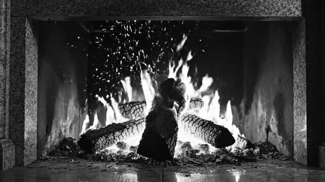 Black and white close-up of a cozy fireplace with burning wood and mesmerizing flames creating warmth