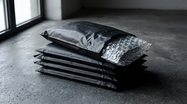 Stack of black poly mailer shipping bags with bubble wrap on concrete floor