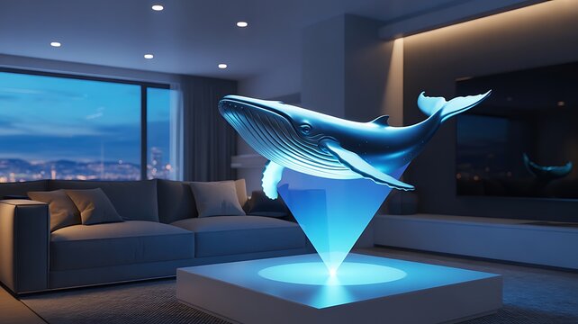 A glowing blue whale sculpture soars above a triangular prism on a table in a modern living room with a city view at dusk.