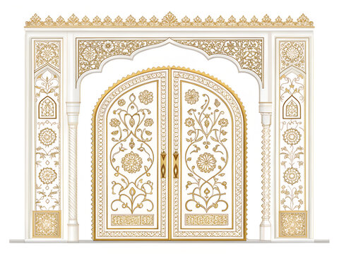Ornamental Indian palace door, intricate Mughal floral carvings, symmetrical vector illustration, royal architecture, elegant gold accents, clean white background, premium design