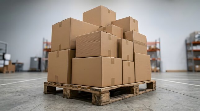 Stack of cardboard boxes on wooden pallet in warehouse interior
