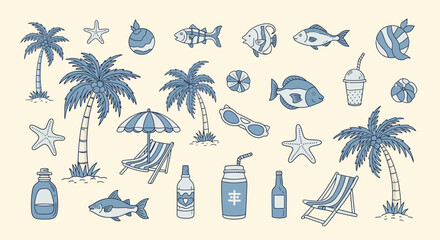 Obraz premium Beach vacation doodles: palm trees, lounge chairs, drinks, sunglasses, fish, stars