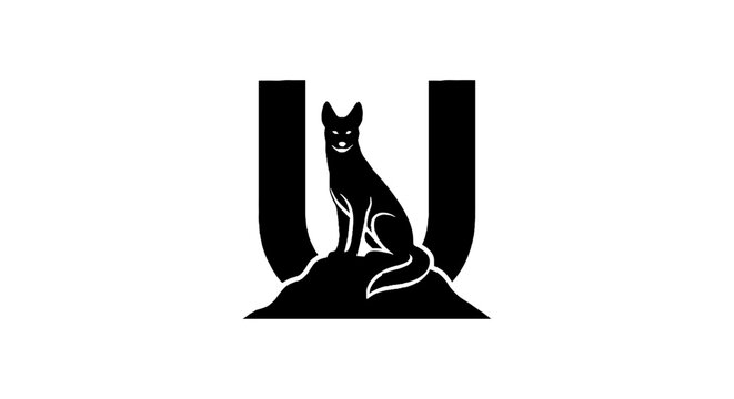 Black silhouette of a cat sitting inside letter U.