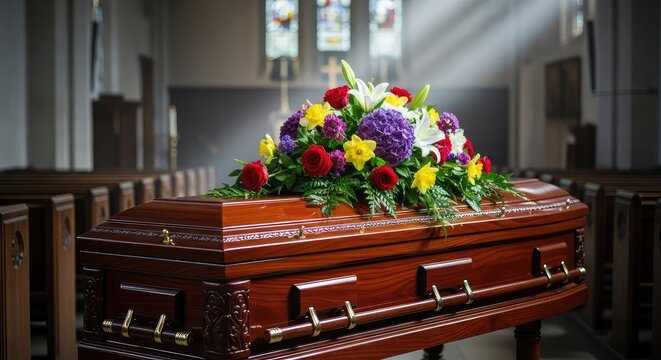 Elegant polished wooden casket adorned with vibrant floral sprays inside a dimly lit chapel during a memorial service for a final farewell, funeral, ritual, burial