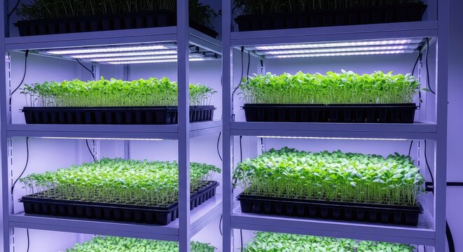 Vibrant green seedlings thrive in stacked hydroponic trays within a sleek, sterile research facility illuminated by glowing violet lights, vegetables, agriculture, automated