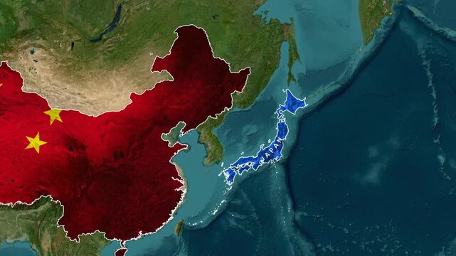 Animated overlay of the Chinese flag on a map showing political borders and surrounding ocean motion