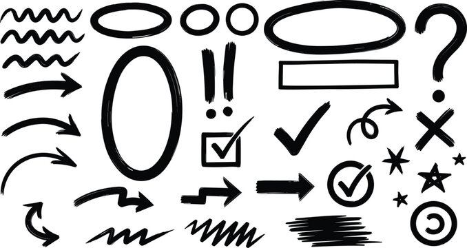 Set of black hand drawn marker elements like arrows circles check marks exclamation points and wavy scribble.