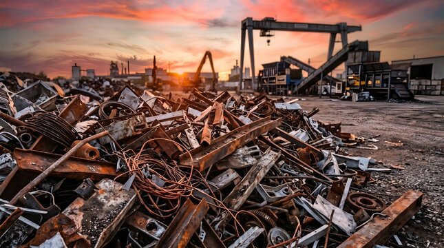 Recycling yard filled with scrap metal under sunset with cranes