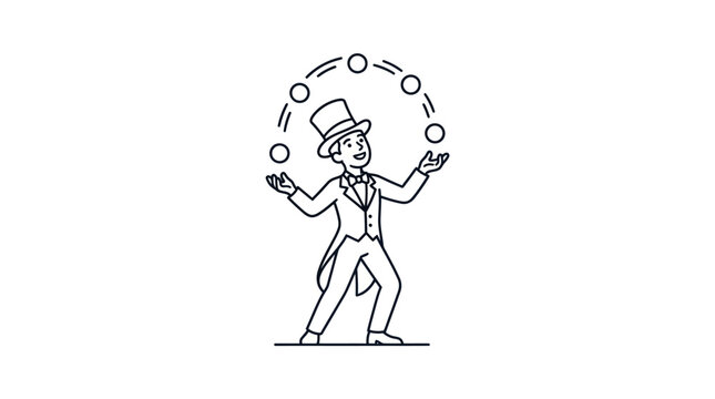 Juggler in Top Hat Line Art Vector Illustration