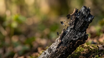 Fototapeta premium Burnt charred wood stump in the forest after fire