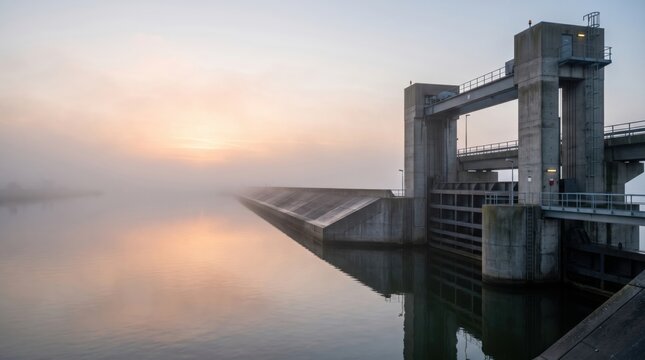 Concrete water gate and dam structure at sunrise in heavy fog, industrial infrastructure perfect for engineering presentations and corporate websites