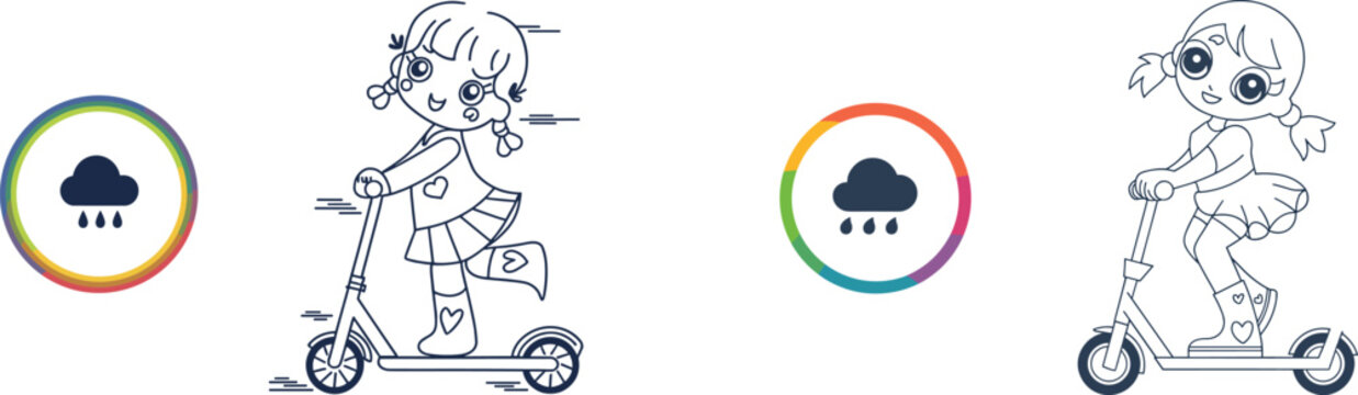 Little anime girl characters riding push kick scooter bundle alongside rainy cloud icons inside rainbow circles