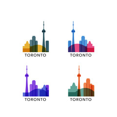 Naklejka premium Toronto city skyline vector logos, icon set. Pack of cityscape contour, panoramic iconic view series. Isolated graphic collection for Canada city, colourful flat style. For web design, clip arts