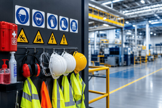 Workplace Safety Equipment and PPE Station in Modern Factory with Copy Space