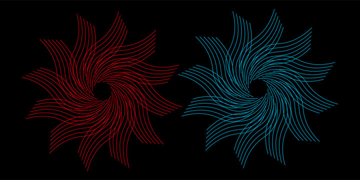 Abstract Red And Blue Spiral Line Designs On Black Background With Neon Geometric Swirls