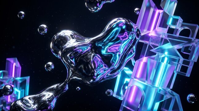Liquid metal drops float amidst glowing geometric glass structures in a dark digital environment.