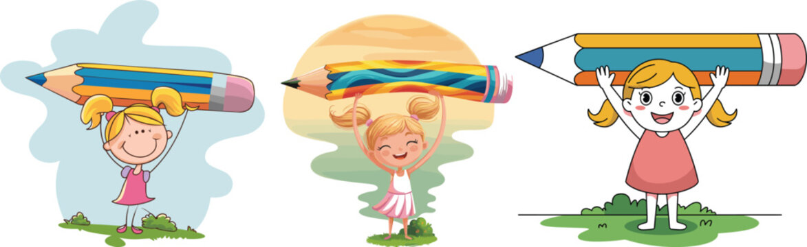 Vector collection of happy cartoon school girls holding giant pencils over their heads back to school design concept