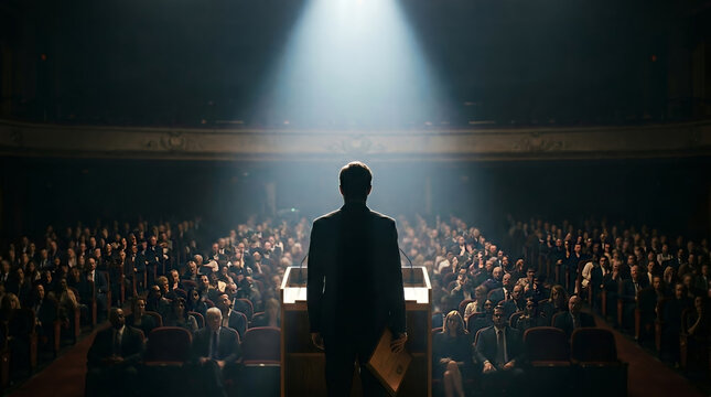 Male speaker in suit standing at a podium, back view under a dramatic overhead spotlight, facing a large seated audience, dark theater hall, professional public speaking photography