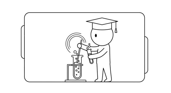 Cartoon graduate student conducts science experiment in laboratory, beaker, test tube, graduation cap