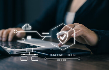 Data protection and cybersecurity concept with secure cloud network, privacy management, information security, encrypted communication, digital infrastructure and safe data transfer. © saranyoo