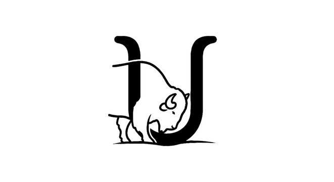 Black and white illustration of a bull inside letter U.