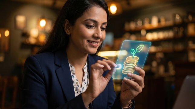 Indian FinTech and Wealth Growth Concept: Smart Casual Indian Woman Interacting with Floating Holographic Stacked Coins and Sprouting Plant Icon