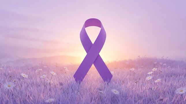 Purple Awareness Ribbon in a Field of Daisy Flowers at Sunrise 3D Illustration