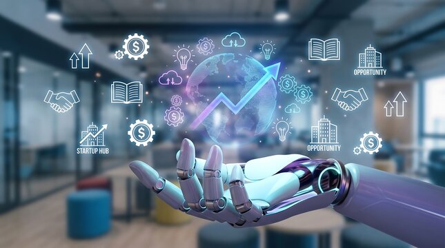 Futuristic robotic hand holding a glowing digital globe with financial growth icons and business symbols in a modern office representing artificial intelligence