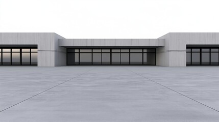 Naklejka premium Modern minimalist low concrete building with large black framed glass windows and empty concrete open ground against plain white sky for contemporary architecture concept