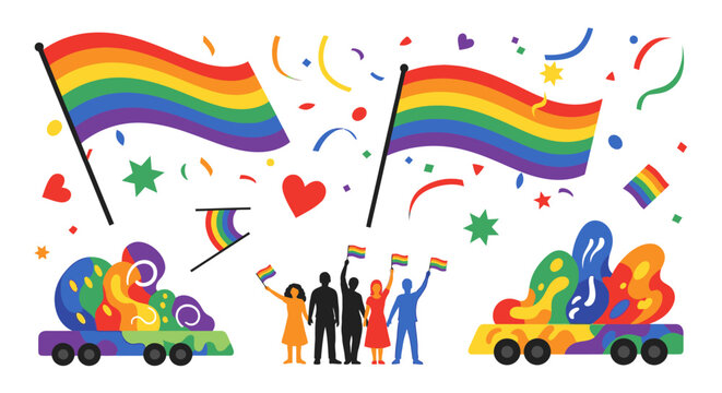 People celebrate with rainbow flags and confetti on decorated vehicles