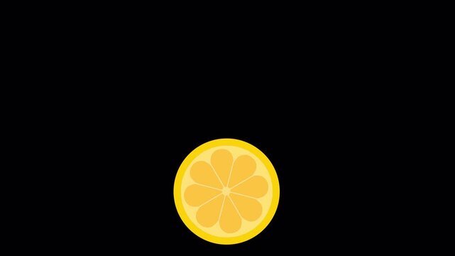 Yellow lemon slice icon simple moving rolling animated on black background. 4K Video