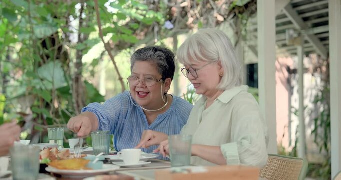Senior asian women smile and point toward shared dish at garden restaurant, close friend enjoy reunion brunch with warm talk, laughter, companionship, support, later life social connection, comfort