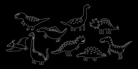White Outline Cute Dinosaur Set Clipart on Black Bg. Line Dino Animal Kit. Doodle Dinosaur Collection for Color Page Book. Vector Handdrawn Illustration © Anna Drozdova
