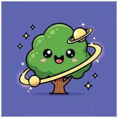 Obraz premium Smiling Cartoon Tree with Planet Ring.