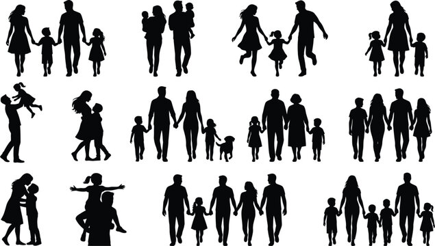 Vector silhouettes of diverse family groups illustrating parental love and childhood joy