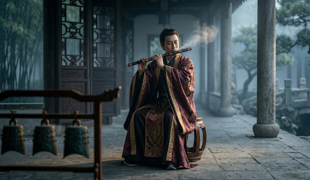 An atmospheric, cinematic portrait of a musician in traditional, flowing Hanfu attire, performing on a Dizi in a misty Chinese garden pavilion. 
