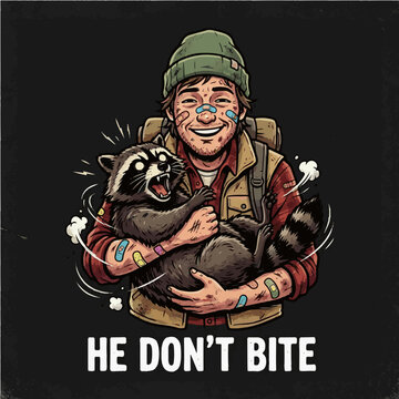 Cute Hiker Guy Holding a Rabid Growling Raccoon Vector Art with He Dont Bite Funny Quote