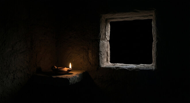 Bible, A minimalist, powerful conceptual photograph of a single oil lamp flickering in a pitch-black Egyptian room, casting a very small, weak pool of light. Outside, through a stone window