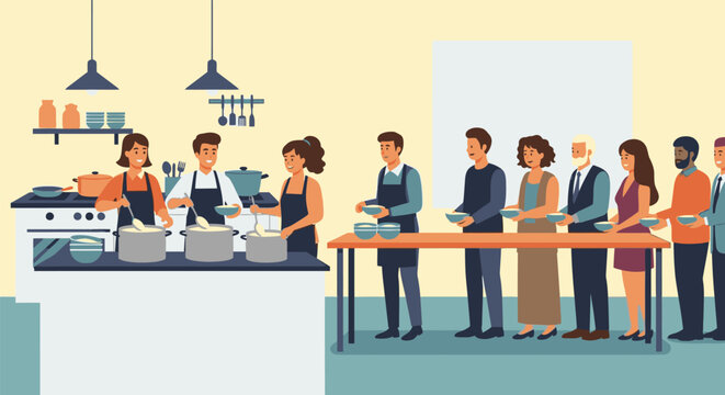 People standing in line at a food counter in a restaurant interior