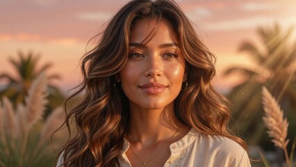 Fototapeta premium Young woman smiling at sunset in grassy outdoor scene