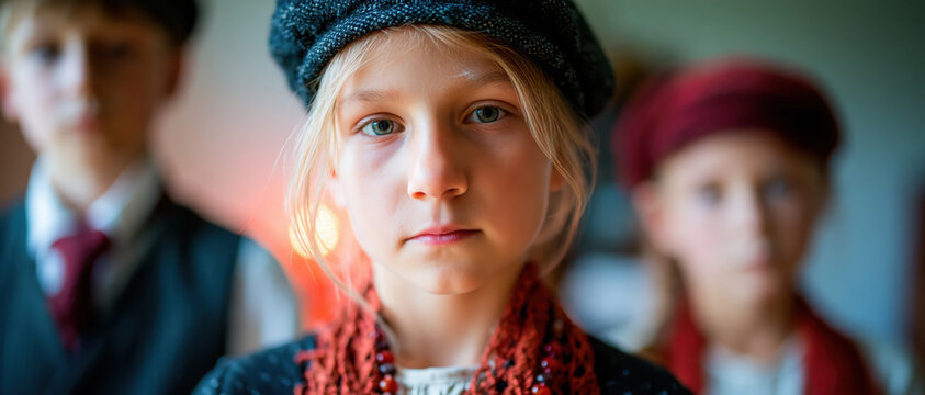Young girl portrait with blurred classmate in background, school setting, serious face, soft light