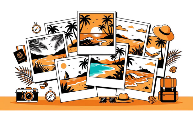 Tropical Island Polaroid Photo Stack with Palm Trees Relaxation Vector Illustration