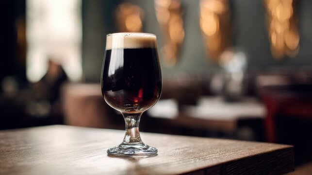 Craft beer served in a glass on a wooden table in a bar during evening hours