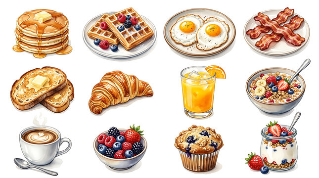 Watercolor set of 12 breakfast items: pancakes, waffles, eggs, bacon, toast, croissant, orange juice, granola, coffee, berries, muffin, yogurt parfait. 