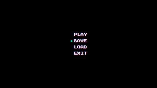 Retro pixel game menu UI with glitching text and animated cyan cursor on black background for gaming.