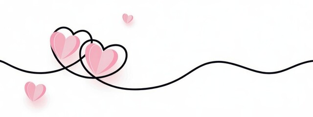 Fototapeta premium Two intertwined pink paper hearts with a continuous black line on a plain white background