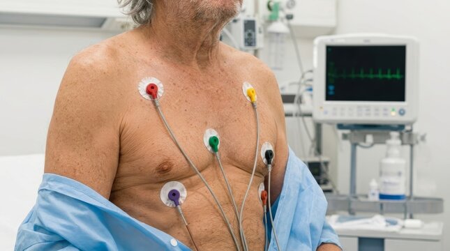 patient undergoing cardiac monitoring with ECG electrodes in a hospital setting.