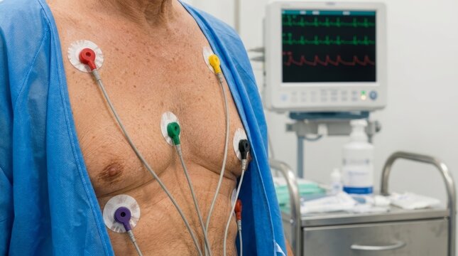 patient undergoing cardiac monitoring with ECG electrodes in a hospital setting.