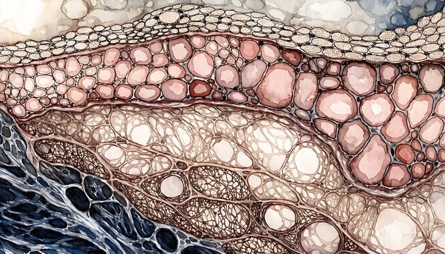 Detailed Watercolor and Ink Medical Illustration of Cellular Structures